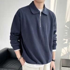 Half Zipper Polo Shirt Sweater Men's Polo Collar Stripes Thin Coat