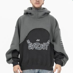 Stitching Contrast Color Velvet Padded Hooded Sweatshirt